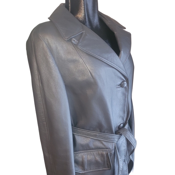 Vintage Grey Leather Mid-length Belted Trench Coat - Picture 4 of 10